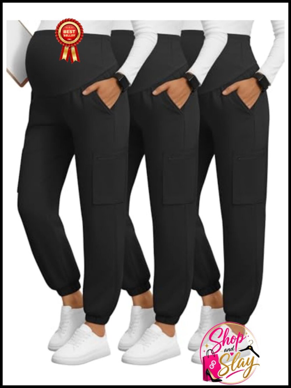 3 Pack Maternity Scrub Cargo Jogger Pants Tapered Leg
